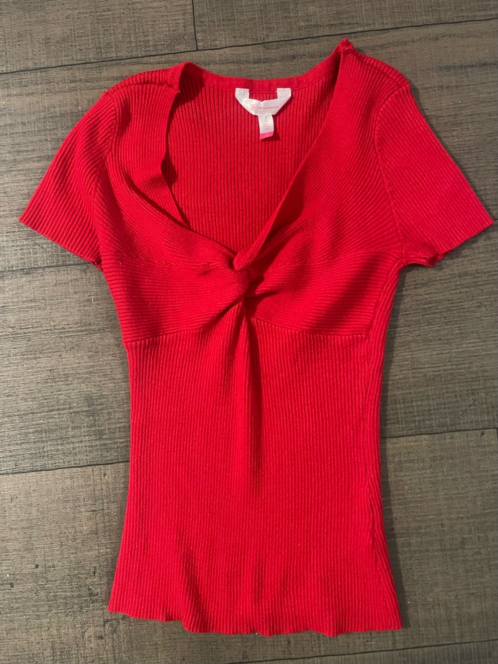 No Boundaries Red Ribbed Knit V-Neck Front Twist Short Sleeve Top M 7-9